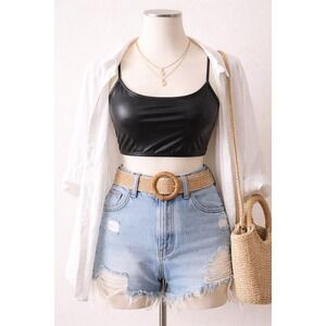 Windsor Black Faux Leather Crop Top Spaghetti Strap Scoop Neck NWT Size L